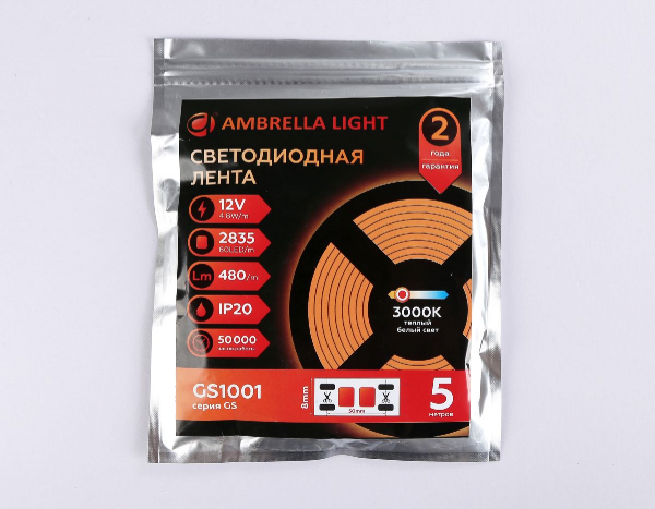 Светодиодная лента Ambrella Light LED Strip 12В 2835 4,8Вт/м 3000K 5м IP20 GS1001