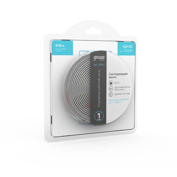 Светодиодная лента Gauss 12В 5050 8Вт/м 4000K 2м IP20 BT021