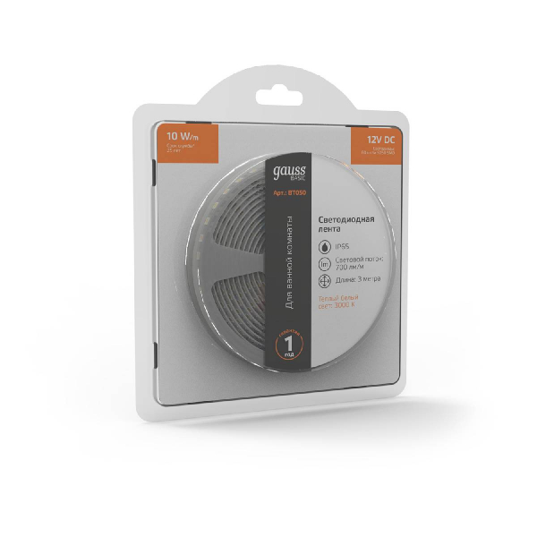 Светодиодная лента Gauss 12В 5050 10Вт/м 3000K 3м IP65 BT050