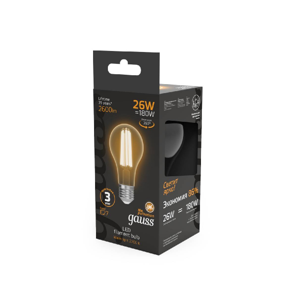 Лампа светодиодная Gauss Filament E27 26W 2700K 102902126