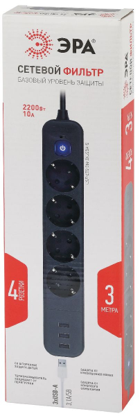 Сетевой фильтр Эра USF-4es-3m-3xUSBA-B Б0059570