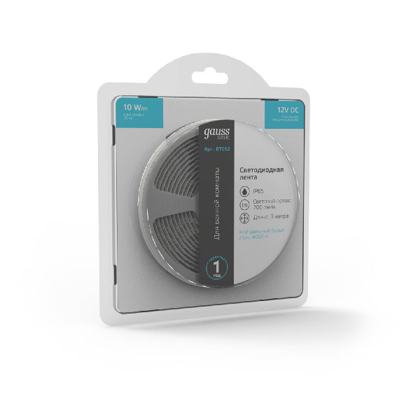 Светодиодная лента Gauss Basic 12В 5050 10Вт/м 4000K 3м IP65 BT052