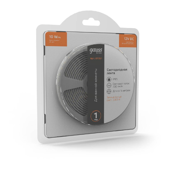Светодиодная лента Gauss Basic 12В 5050 10Вт/м 3000K 5м IP65 BT051