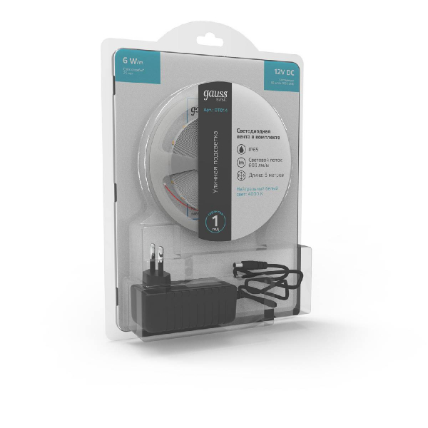 Светодиодная лента Gauss Basic 12В 2835 6Вт/м 4000K 5м IP65 BT014