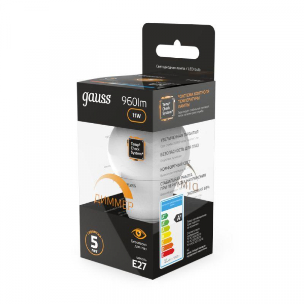 Лампа светодиодная Black 11Вт A60 грушевидная 3000К тепл. бел. E27 960лм диммир. GAUSS 102502111-D