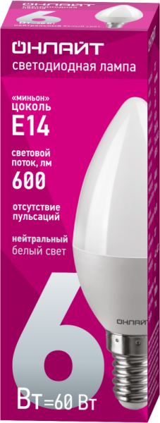 Лампа светодиодная 71 629 OLL-C37-6-230-4K-E14-FR 6Вт свеча 4000К нейтр. бел. E14 470лм 220-240В ОНЛАЙТ 71629