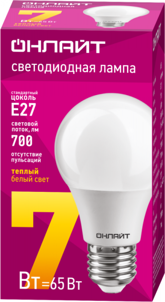 Лампа светодиодная 71 647 OLL-A60-7-230-2.7K-E27 7Вт грушевидная 2700К тепл. бел. E27 700лм 176-264В ОНЛАЙТ 71647