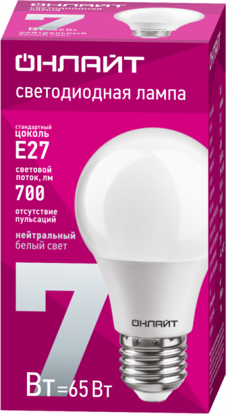Лампа светодиодная 71 648 OLL-A60-7-230-4K-E27 7Вт грушевидная 4000К нейтр. бел. E27 700лм 176-264В ОНЛАЙТ 71648