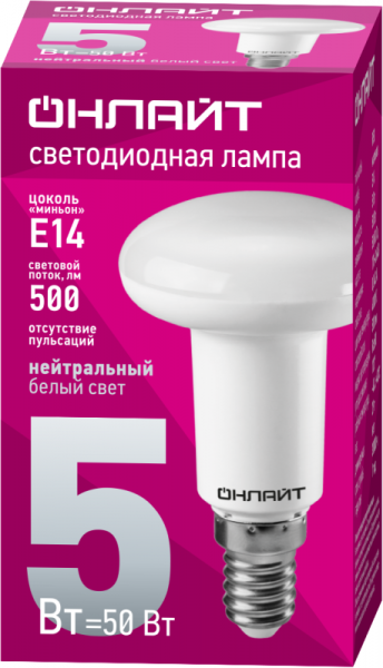 Лампа светодиодная 71 652 OLL-R50-5-230-4K-E14 5Вт 4000К нейтр. бел. E14 420лм 220-240В ОНЛАЙТ 71652