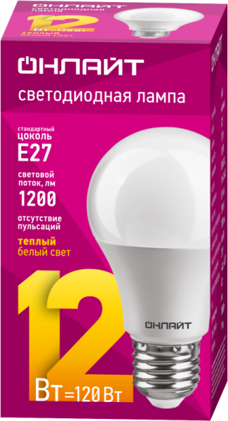 Лампа светодиодная 71 682 OLL-A65/А60-12-230-2.7K-E27 12Вт грушевидная 2700К тепл. бел. E27 1000лм 176-264В ОНЛАЙТ 71682