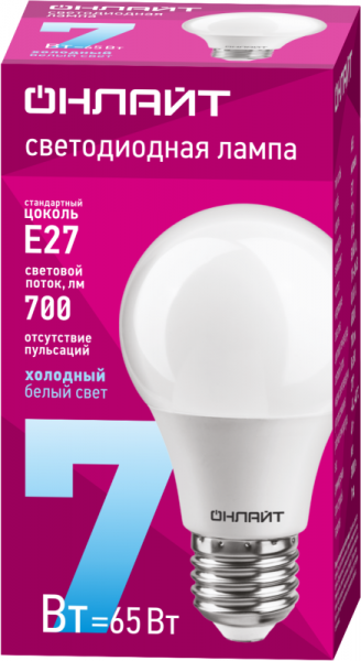 Лампа светодиодная 61 139 OLL-A60-7-230-6.5K-E27 7Вт грушевидная ОНЛАЙТ 61139