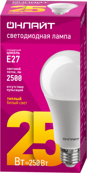Лампа светодиодная 61 953 OLL-A60-25-230-2.7K-E27 25Вт ОНЛАЙТ 61953