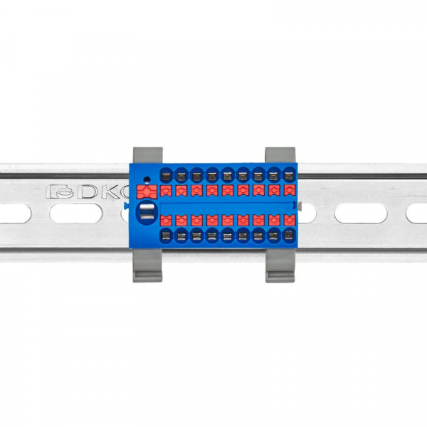 Блок распределительный с горизонт. адаптером на рейку шир. 35мм зажим push-in 1 ввод 6кв.мм 18 точек подключения 2.5кв.мм син. DKC DTP1-118-104SPUB-H