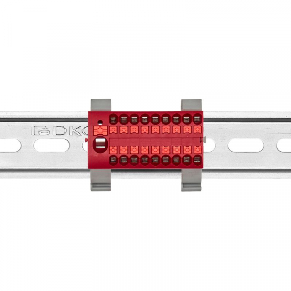 Блок распределительный с горизонт. адаптером на рейку шир. 35мм зажим push-in 1 ввод 6кв.мм 18 точек подключения 2.5кв.мм красн. DKC DTP1-118-104SPUR-H