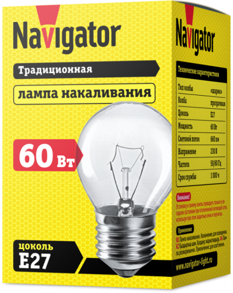 Лампа накаливания 94 312 NI-C-60-230-E27-CL (КНР) Navigator 94312