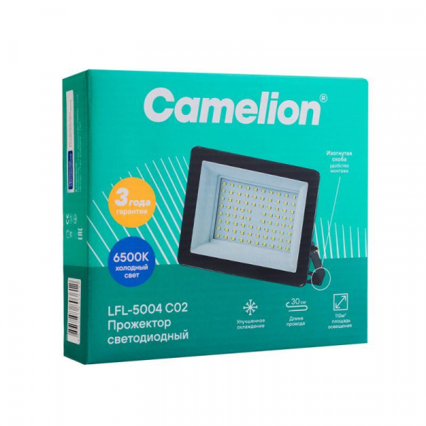 Прожектор LFL-5004 C02 (LED SMD 50Вт 5000лм 230В 6500К 153х136х30) черн. Camelion 16332