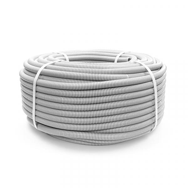 Труба гофрированная ПНД легкая d20мм с протяжкой 350 Н безгалоген. (HF) стойкая к УФ сер. (уп.100м) Промрукав PR02.0130