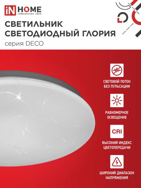 Светильник светодиодный DECO ГЛОРИЯ 12Вт 6500К 1080лм 230В 210х65мм IN HOME 4690612022222