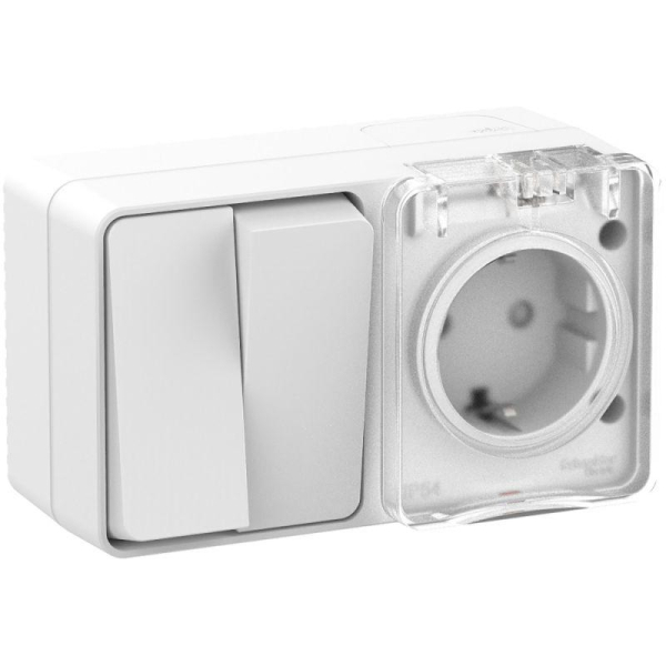 Блок ОП AtlasDesign PROFI IP54 (розетка 1-м 16А заземл. защ. шторки + 2-кл. выключатель 10А) бел. SE ATN540174