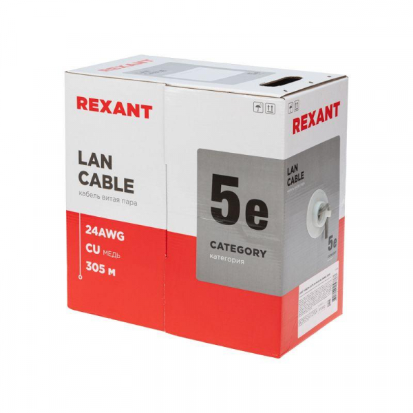 Кабель витая пара U/UTP кат.5E 4х2х24AWG LSZH нг(А)-HF INDOOR SOLID сер. LIGHT (305м) Rexant 01-0059