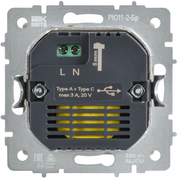 Розетка СП BRITE РЮ11-2-БрАБ USB A+C 45Вт высокоскор. заряд. арктич. бел. IEK BR-U22-045-K91