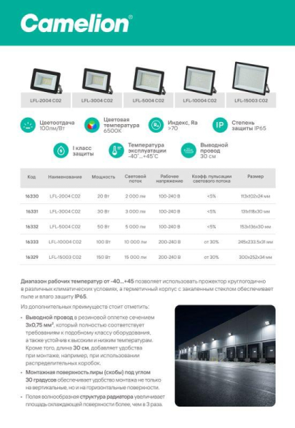 Прожектор светодиодный LFL-10004 C02 LED SMD 100Вт IP65 6500К 10000лм 230В 245х233.5Х31 черн. Camelion 16333