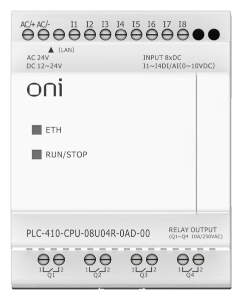 Модуль ЦПУ ПЛК 410 4 DI 4 UI (0-10 В/DI) 4 RO 12В-24В DC или 24В AC с Ethernet портом без экрана ONI PLC-410-CPU-08U04R-0AD-00