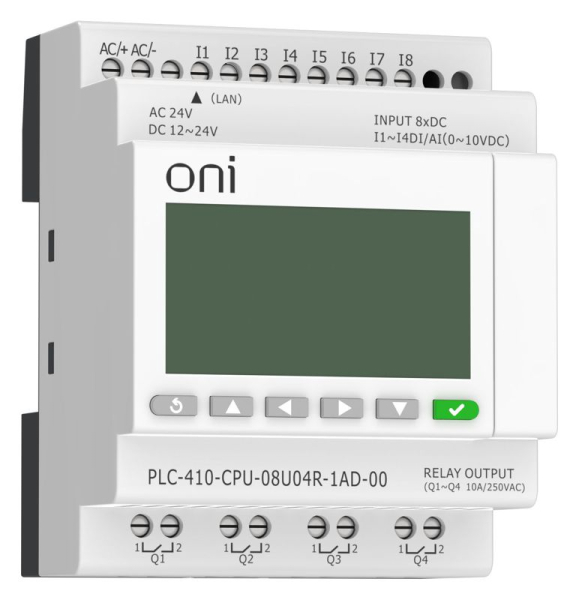 Модуль ЦПУ ПЛК 410 4 DI 4 UI (0-10 В/DI) 4 RO 12В-24В DC или 24В AC с Ethernet портом с экраном ONI PLC-410-CPU-08U04R-1AD-00