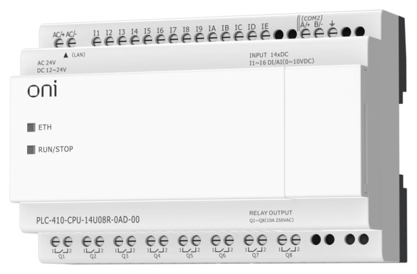 Модуль ЦПУ ПЛК 410 8 DI 6 UI (0-10В/DI) 8 RO 12В-24В DC или 24В AC с Ethernet портом без экрана ONI PLC-410-CPU-14U08R-0AD-00