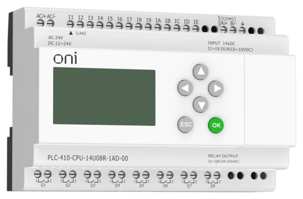 Модуль ЦПУ ПЛК 410 8 DI 6 UI (0-10В/DI) 8 RO 12В-24В DC или 24В AC с Ethernet портом с экраном ONI PLC-410-CPU-14U08R-1AD-00