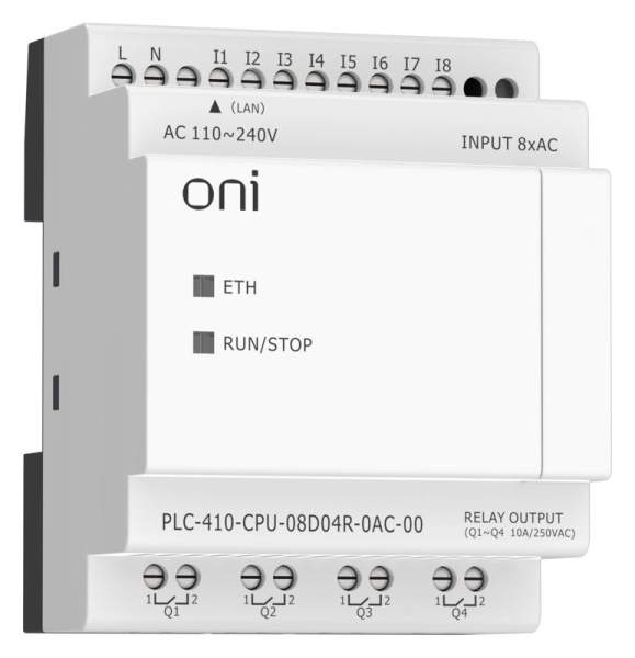 Модуль ЦПУ ПЛК 410 8 DI 4 RO 220В AC с Ethernet портом без экрана ONI PLC-410-CPU-08D04R-0AC-00