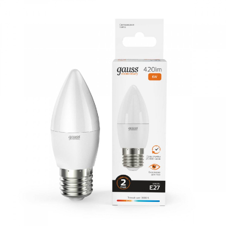 Лампа светодиодная Gauss E27 6W 3000K свеча матовая 33216