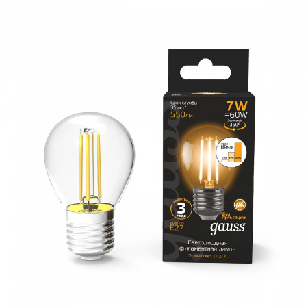 Лампа светодиодная филаментная диммируемая Gauss E27 7W 2700K прозрачная 105802107-S
