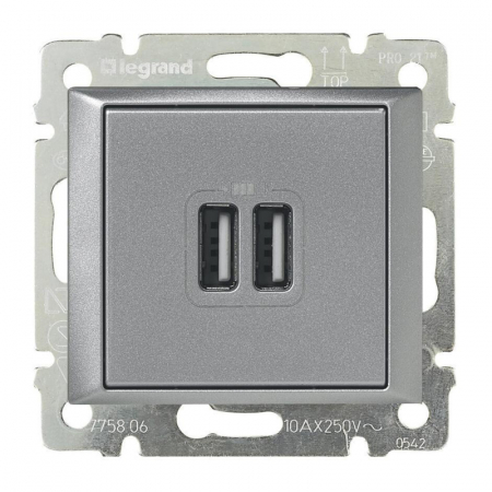 Розетка USB двойная Legrand Valena 240V/5V 2400mA алюминий 770270
