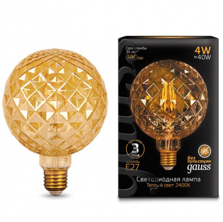 Лампа светодиодная филаментная Gauss E27 4W 2400K шар золотой 105802004