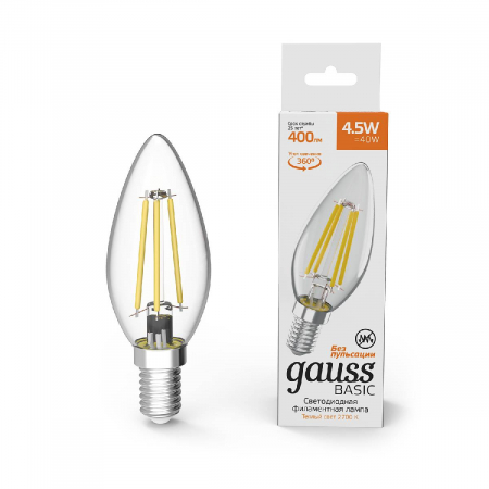 Лампа светодиодная филаментная Gauss E14 4,5W 2700К прозрачная 1031115