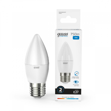 Лампа светодиодная Gauss E27 10W 6500K свеча матовая 30230