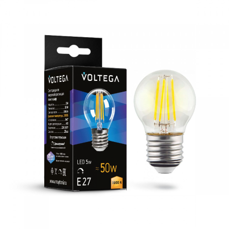 Лампа светодиодная филаментная Voltega E27 5W 3000K шар прозрачный 7202